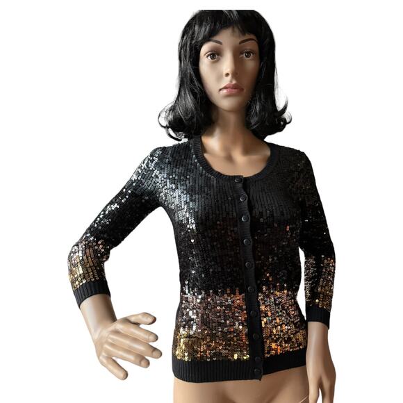 C by Bloomingdales cashmere mix sequenced cardigan black gold silver size small - Picture 2 of 15